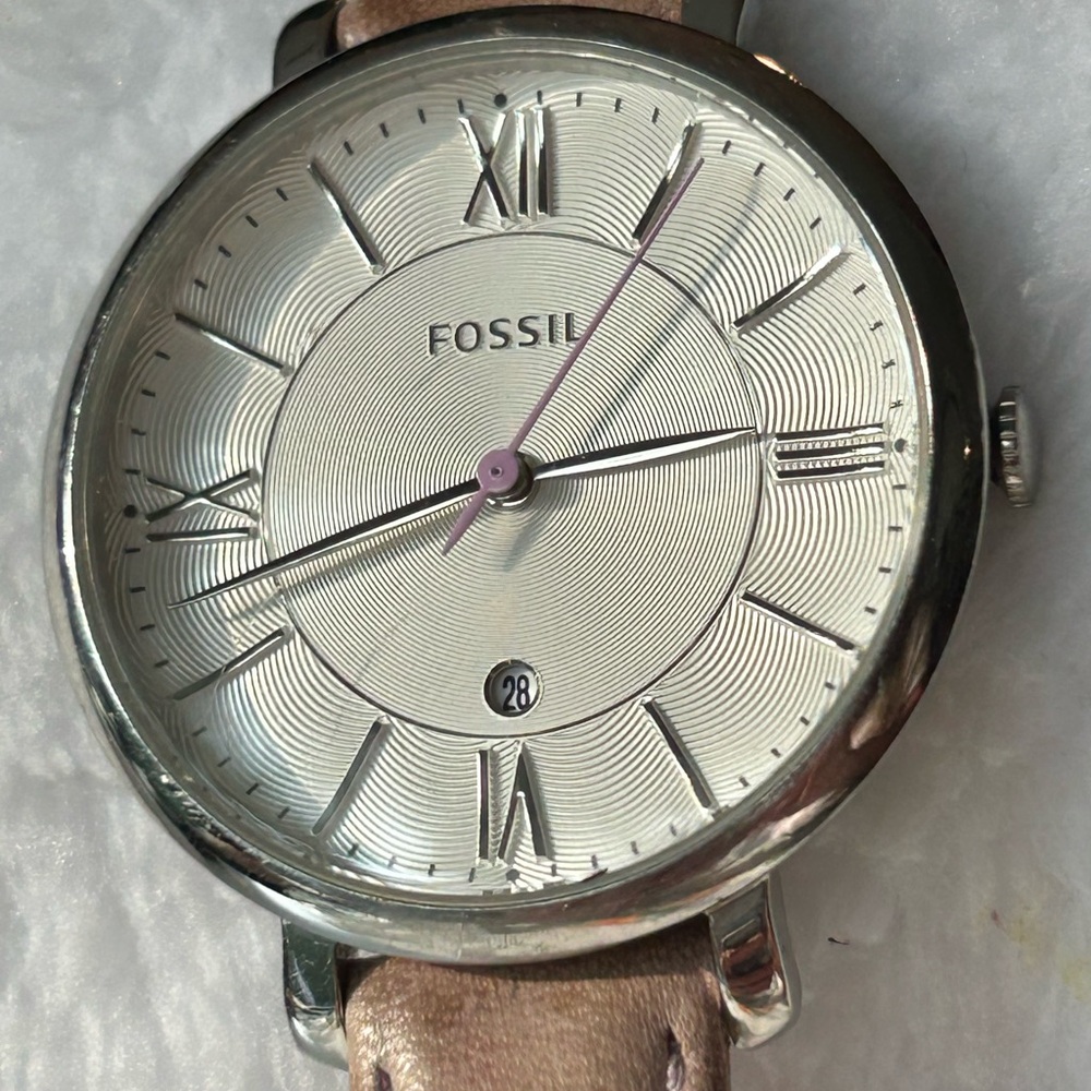 Fossil Silver Dial with Brown Leather Band Stainless Steel Watch